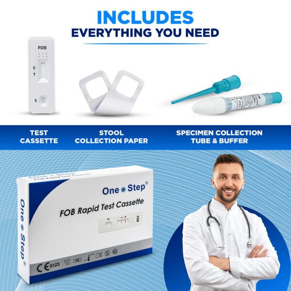 the contents of the 'One Step' bowel test, next to a smiling doctor