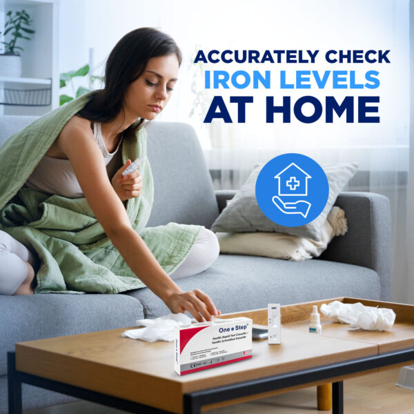 a woman at home ill, carrying out the anaemia iron testing kit