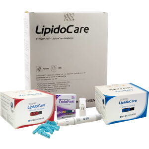 lipidocare meter box with lipid profile, total cholesterol and SD strip boxes, with lancing device and lancets