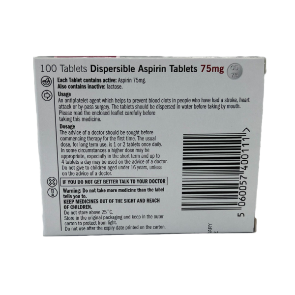 75mg dispersible asprin box back almus