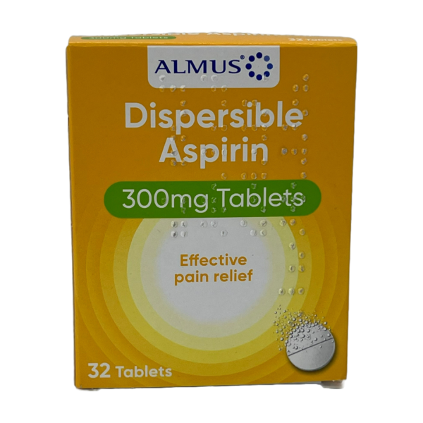 aspirin 300mg dispersable tablets box front almus